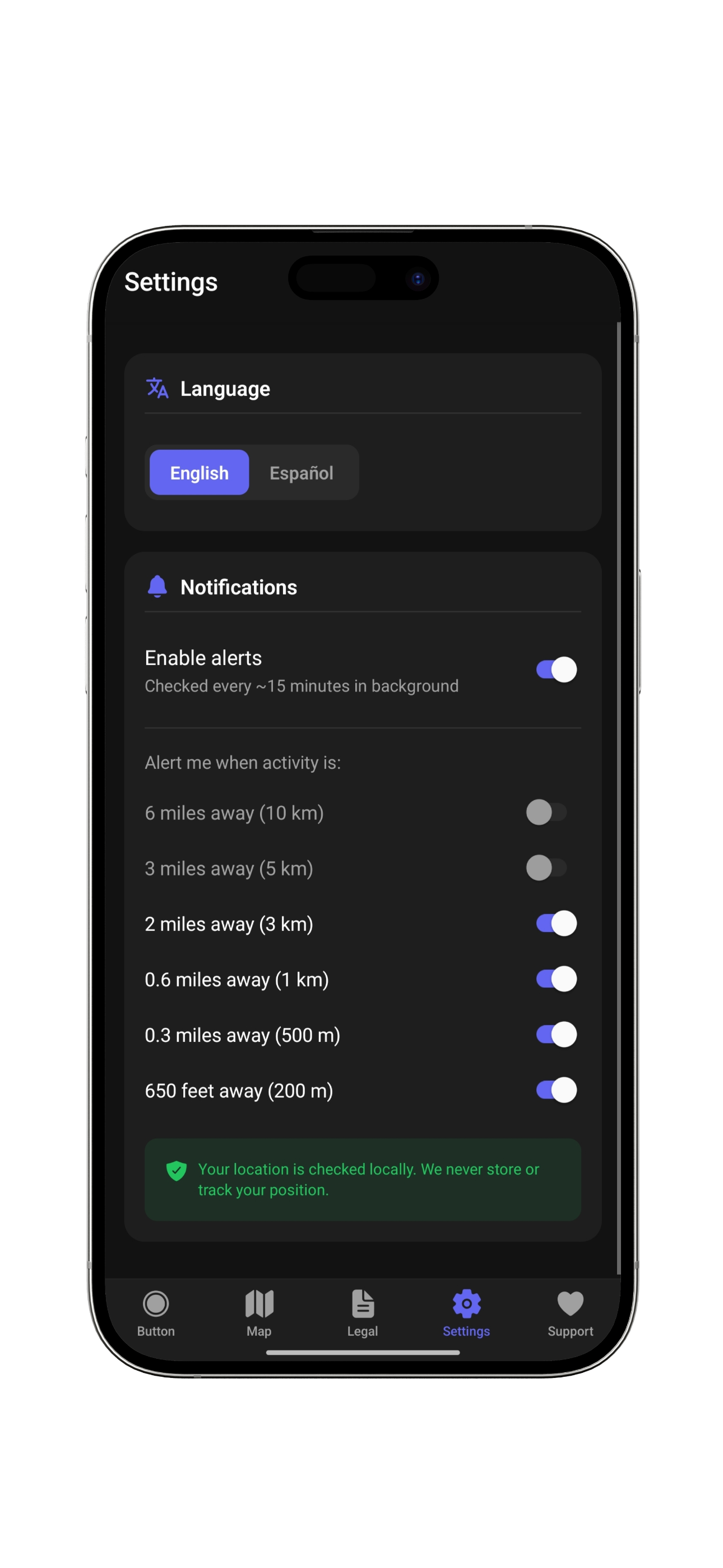 IceAlert notification settings screen